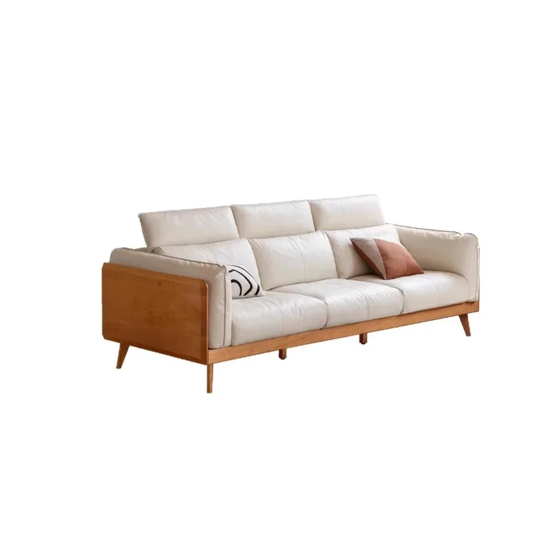 Solid wood sofa living room cherry wood black label leather sofa three-person fabric sofa