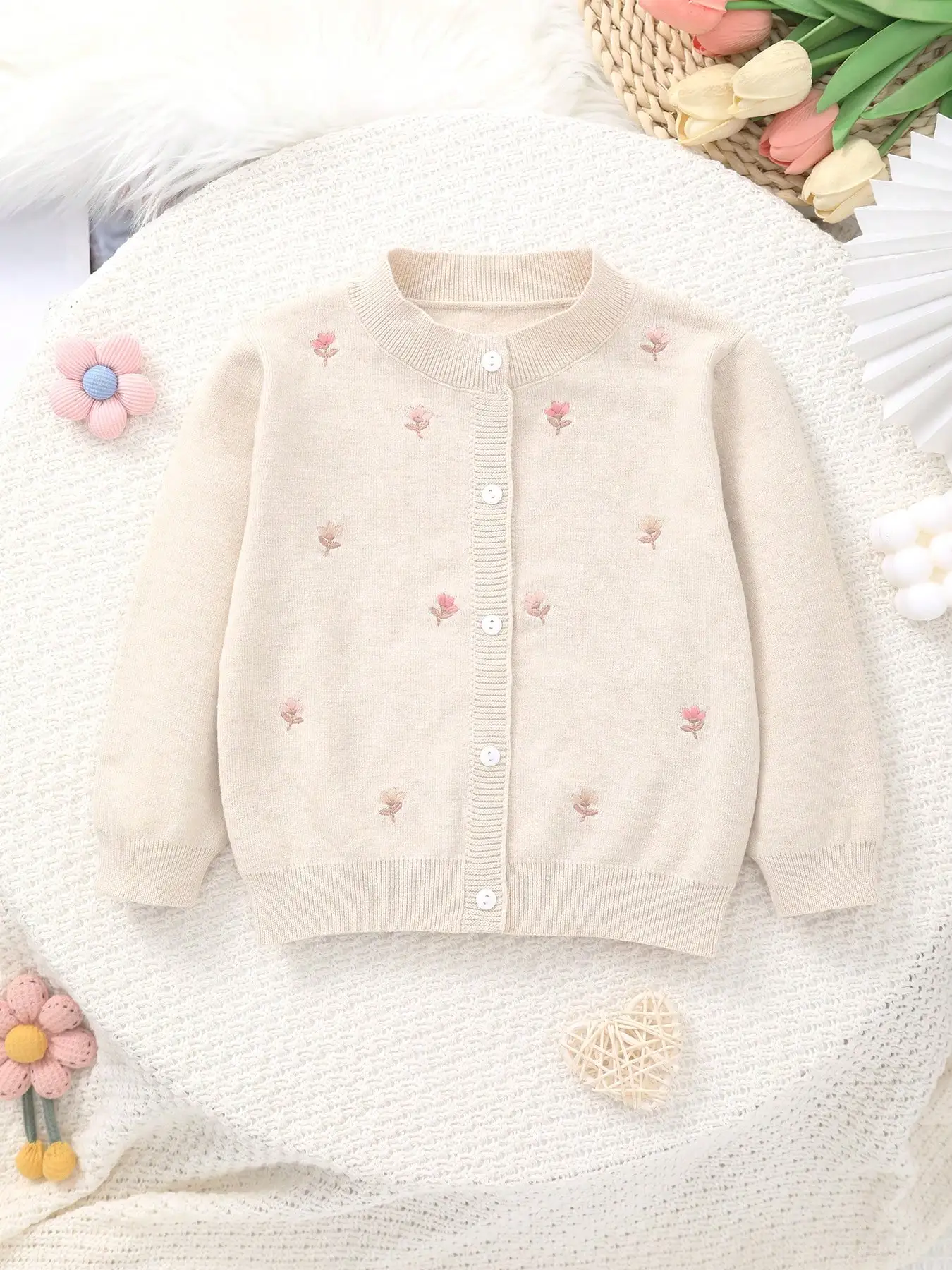 Girls' Knitted Round-Neck Cardigan with Handmade Floral Embroidery Pattern