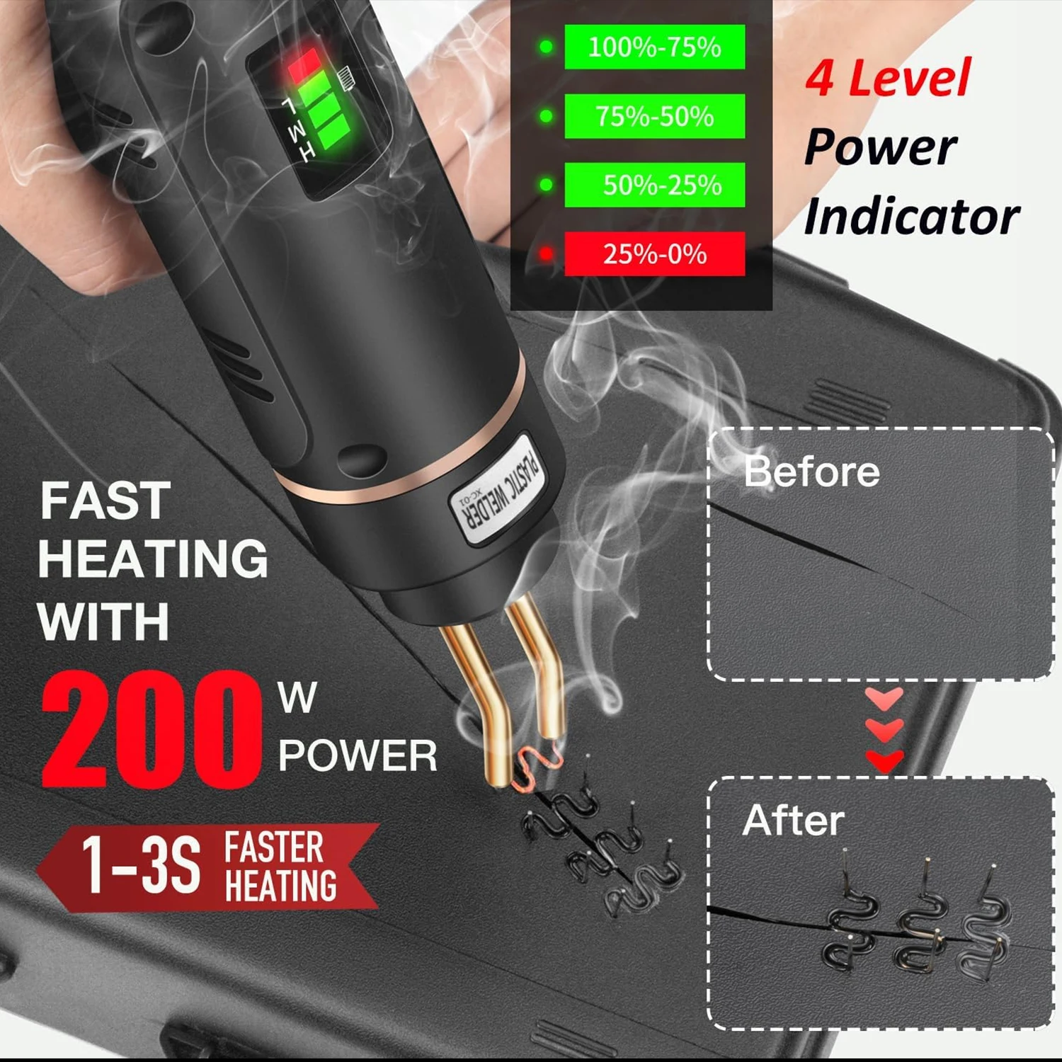 200W Cordless Plastic Welder Gun Plastic Welding Kit 400/1200PCS Hot Stapler USB Rechargeable Bumper Repair Kit for Most Plastic