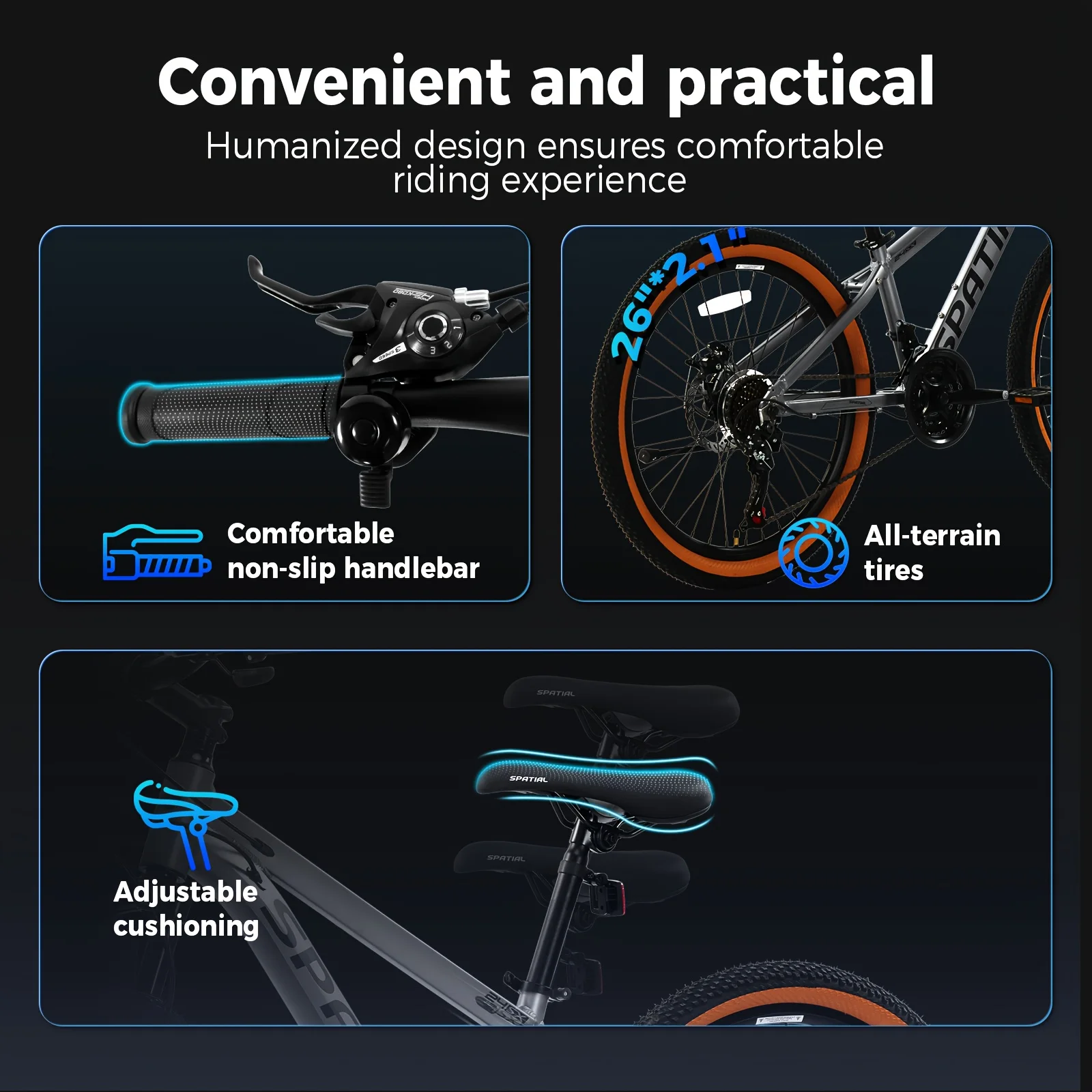 دراجة جبلية SPATIAL مقاس 26 بوصة بإطار سميك، وإطار من الألومنيوم مع فرامل قرصية مزدوجة وتعليق للبالغين #4