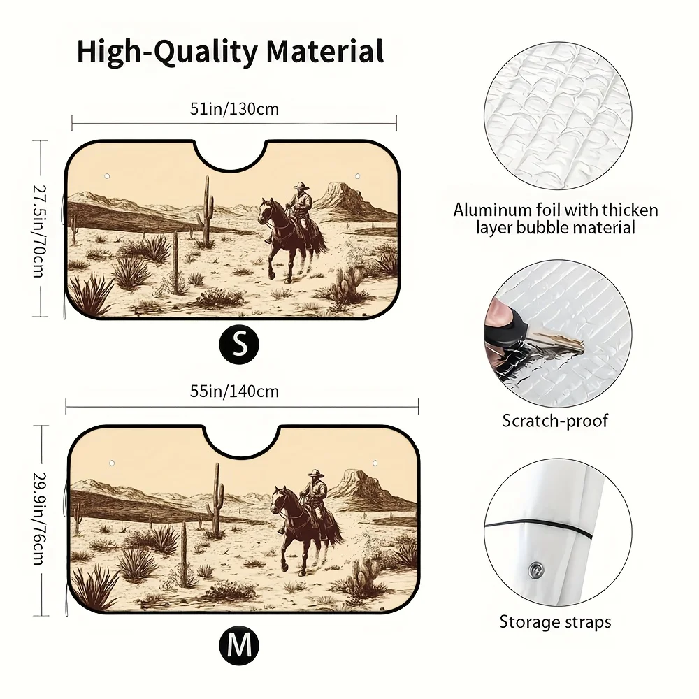 1pc Desert And Cowboy Chic Pattern Car Front Sunshade - Foldable Visor With Cactus & Horse Illustration, Ideal For Routine Drive