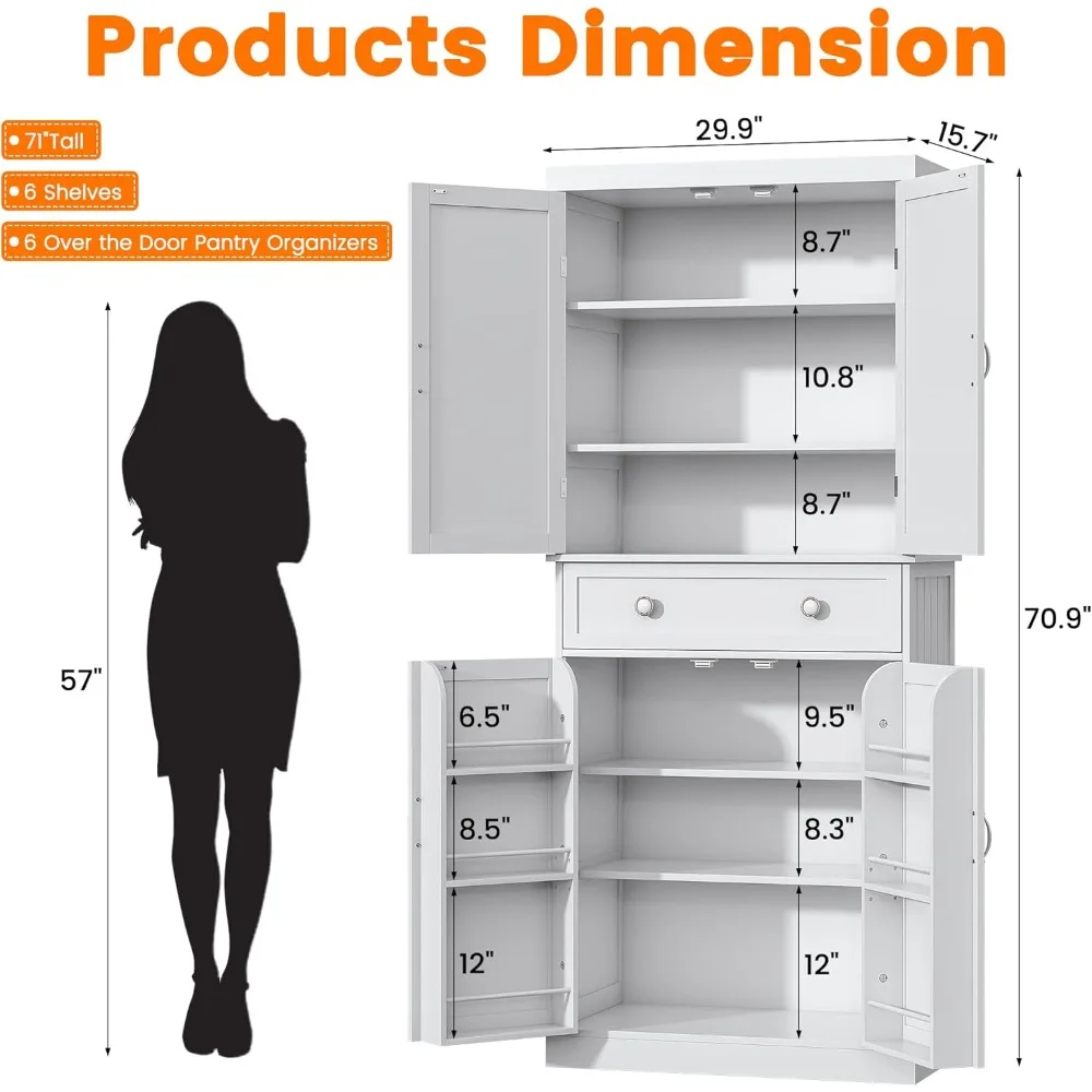 72“ Kitchen Pantry Cabinet White, Tall Pantry Storage Cabinet with Adjustable Shelves and Drawer, Kitchen Buffet Cupboards Sideb