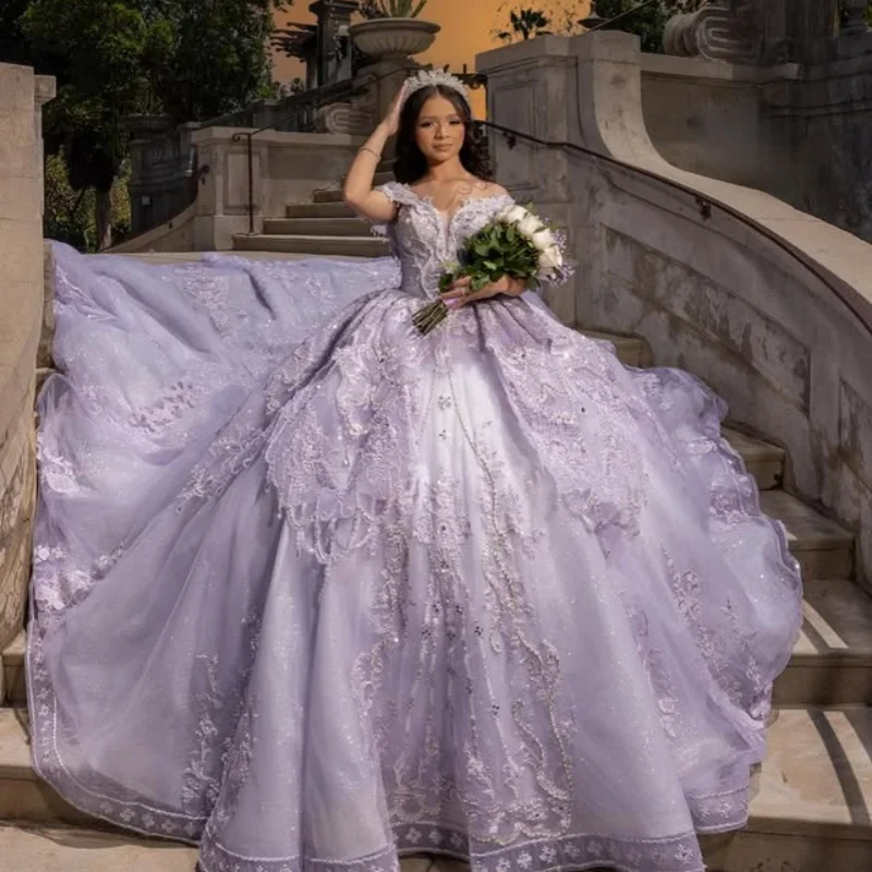 

Customized Shiny Lavender Purple Quinceanera Dresses Off the Shoulder applique flower Lace Long tail Big Vestido 15 Quinceanera