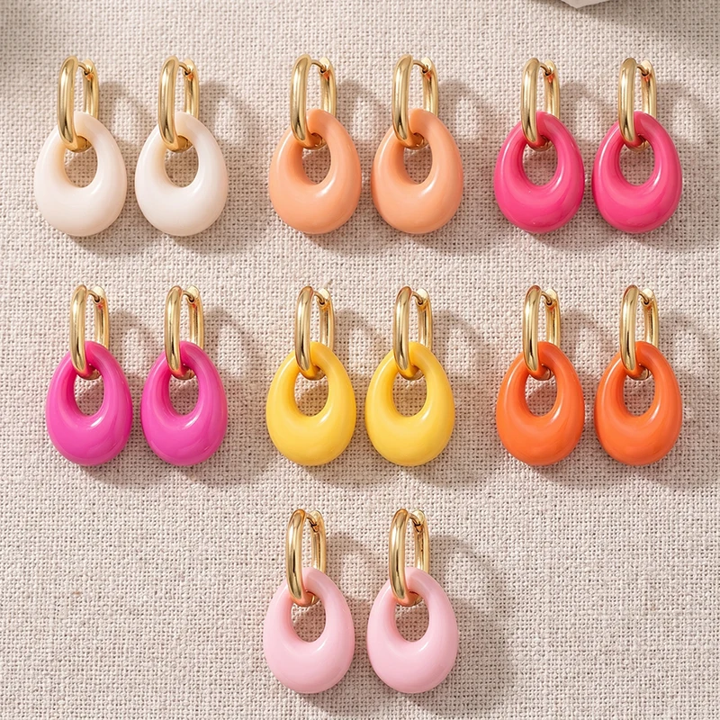 Colorful Hollow Resin Water Drop Dangle Earrings for Women Simple Elegant Stainle Steel Hoop Earrings Daily Casual Jewelry