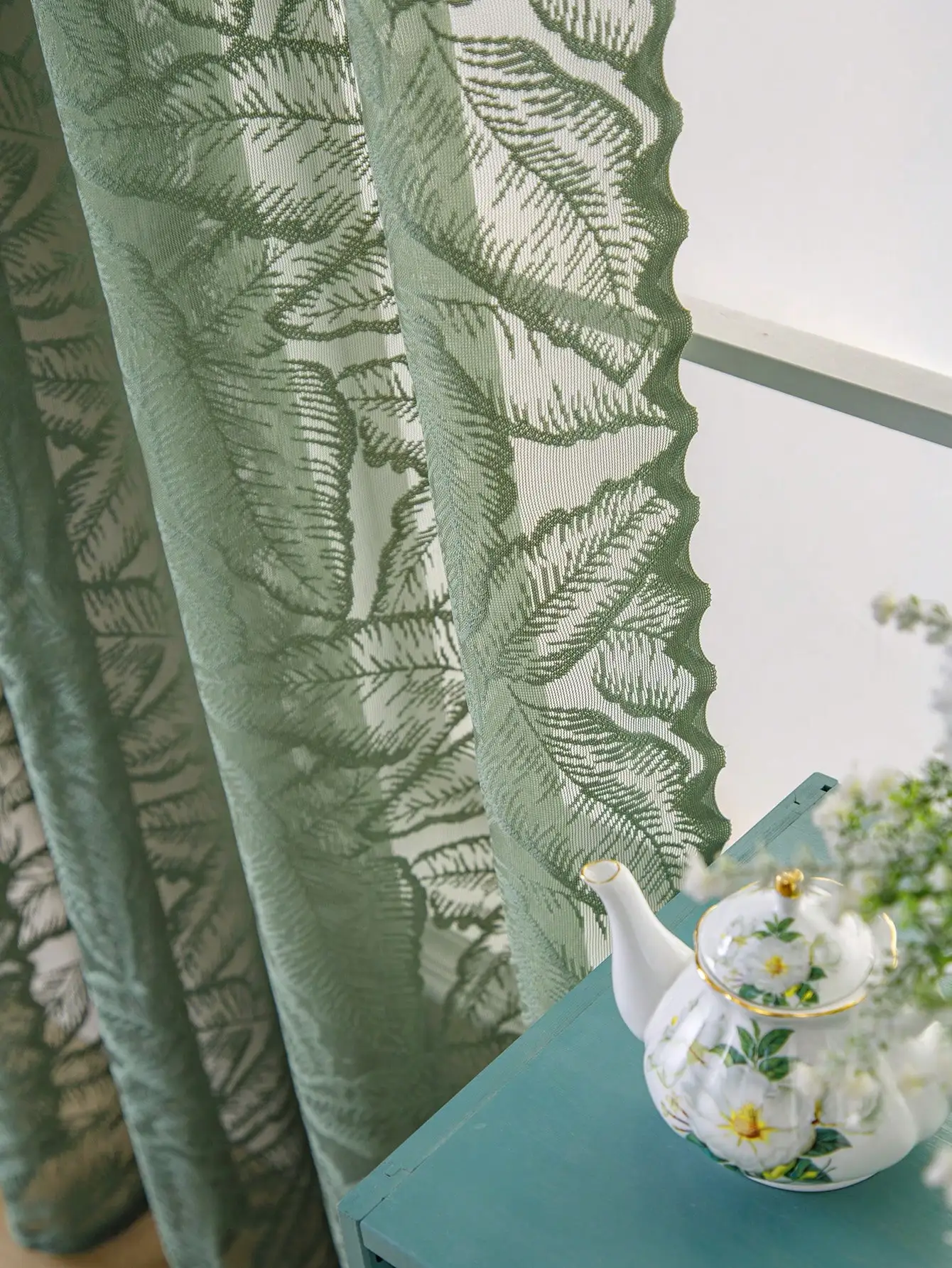 Green large leaf perforated curtains, living room bedroom sheer curtains, rustic style