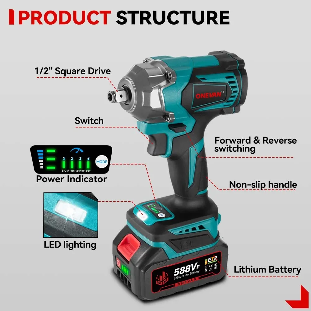 ONEVAN 1200N.M Torque Brushless Electric Impact Wrench 1/2 inch Cordless Wrench Screwdriver Power Tools for Makita 18V Battery