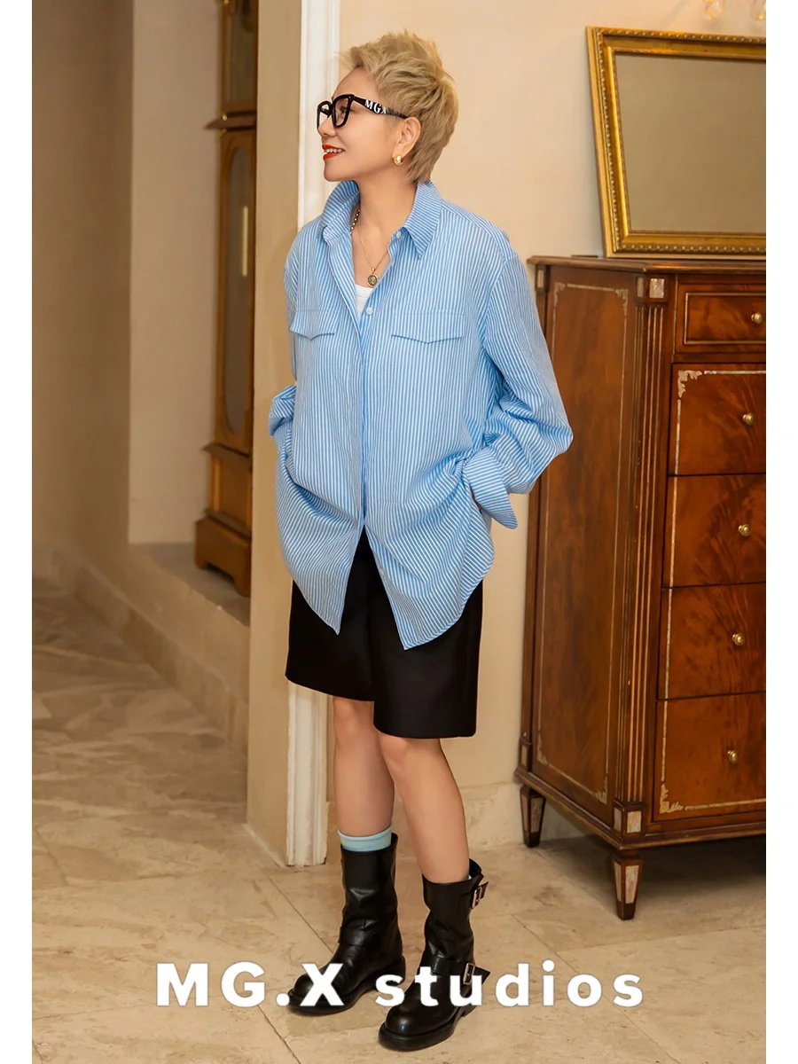 

Свободная женская рубашка-кардиган с длинным рукавом в синюю полоску, повседневный стиль, хлопок, дышащая, для многослойных образов MGX Qingqia