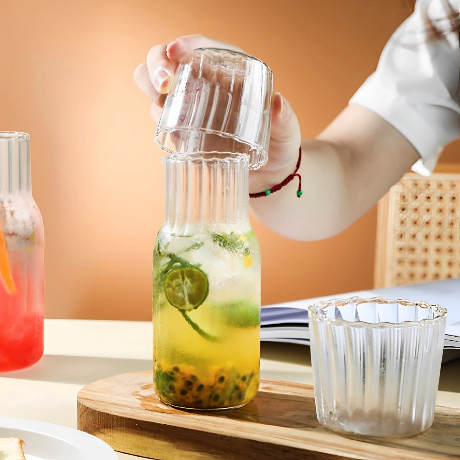 Glass Water Bottle Set 600ML/400ML Glass Bedside Water Bottle with Glass Drinking Cup for Milk Beverage Tea