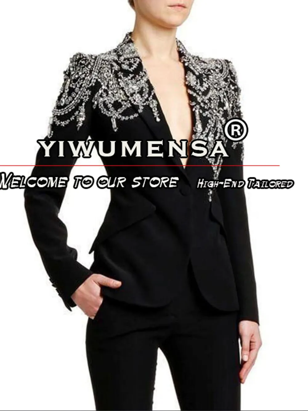 Black Women Suits Cotton Designer Custom Made Heavy Stone Embellished Single Breasted Blazer 2Pc Suit Single Breasted Blazer