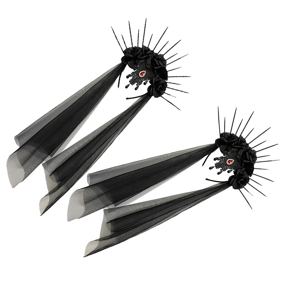 

2pcs Wedding Veil Headband Bride Gothic Crown Black Rose Retro Hair Decor for Halloween Cosplay Accessories Lightweight
