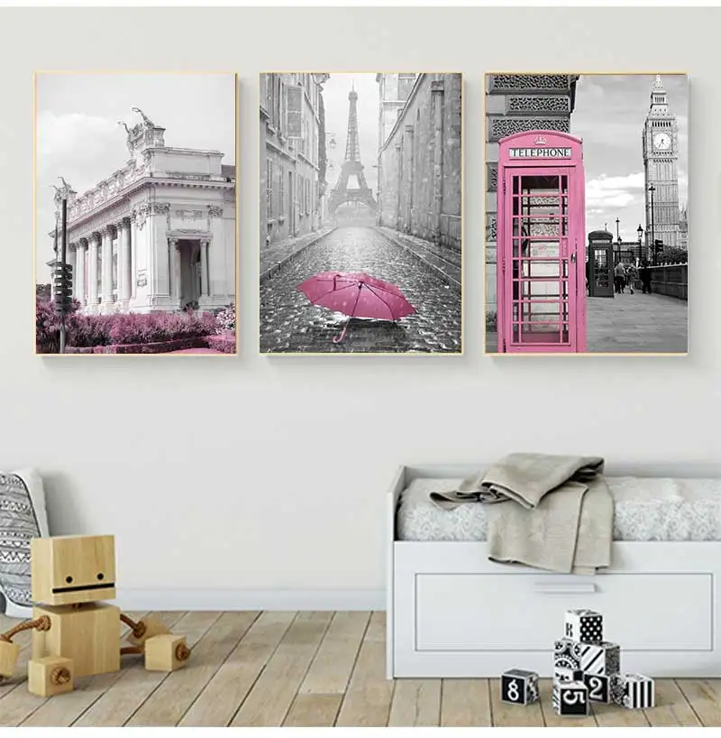 Nordic canvas painting for room decoration, posters and prints, Paris, flower, France, city, building, castle, pink and black,