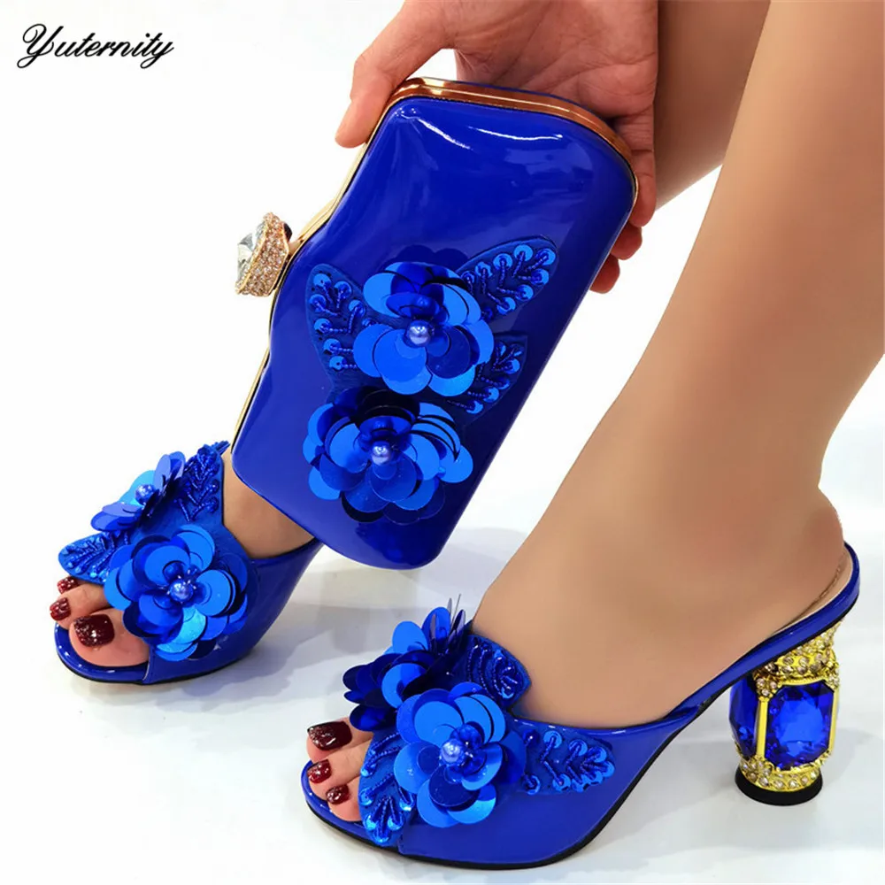 

Nigerian Style PU Leather Decorated With Flowers Shoes And Bags Set Italian Summer High Heels Shoes And Purse Sets For Party