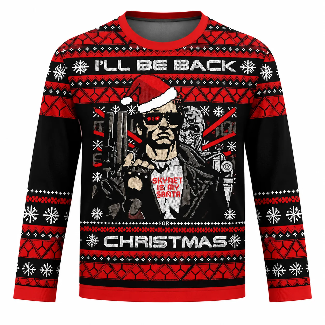 Unisex Style I'll Be Back Terminator Ugly Christmas Long-sleeved T-shirt Men 3D Print Top T-shirt Christmas Party Pullover Shirt