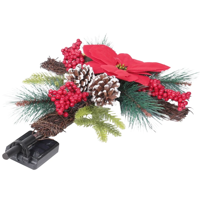 

Cross Stake Solar Powered With Fairy Lights, Natural Rattan, Red Poinsettia & Berries
