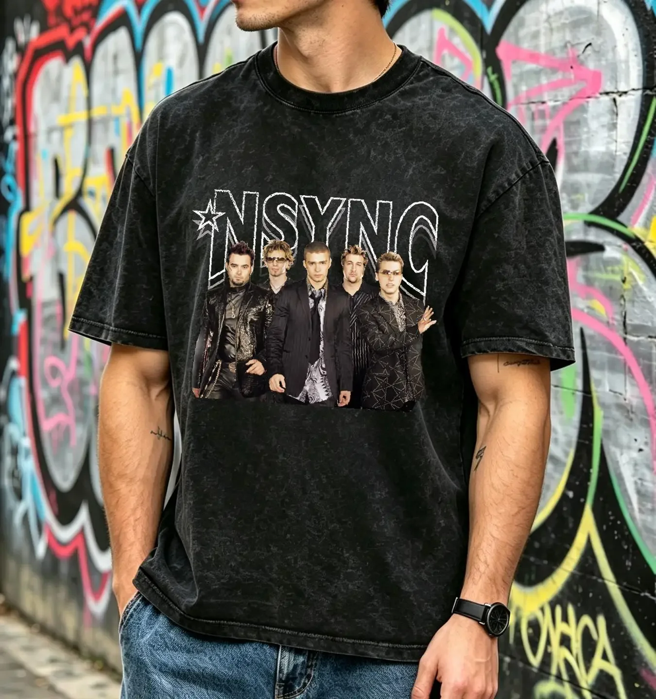 washed T Shirt Women's NSYNC Rocker Band Pose vintage Washed Slightly Versatile Soft Stylish graphic homme Comfortable