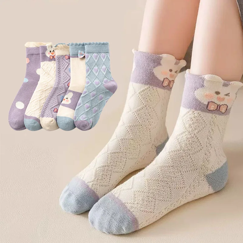 5Pairs Summer Children Net Socks Cute Purple Rabbit Kids Mid Tube Sock 0-8year Girl Cotton Socks Thin Cotton Baby Mesh Sock Sox