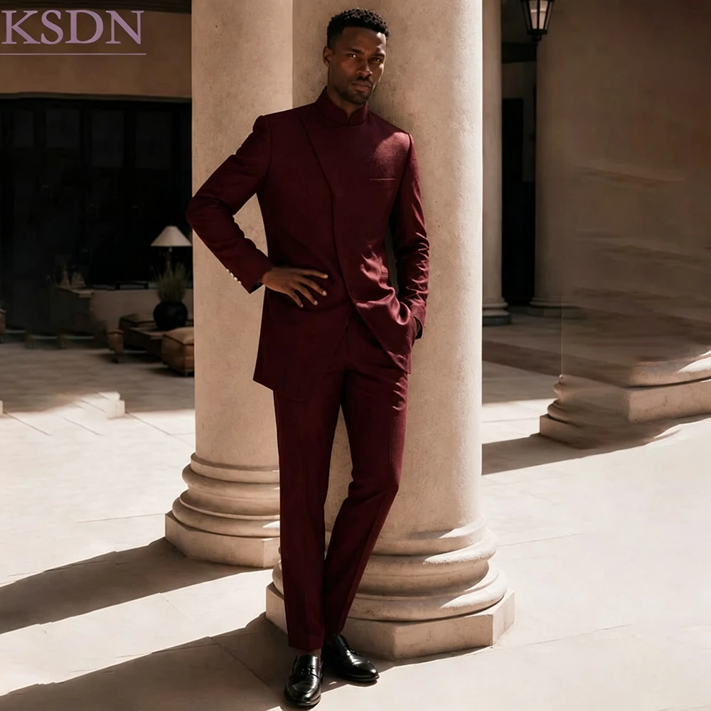Formal Burgundy Men's Suits for Wedding Fashion Luxury Diagonal Placket 2 Piece Jacket Pants Formal Male Clothing Terno