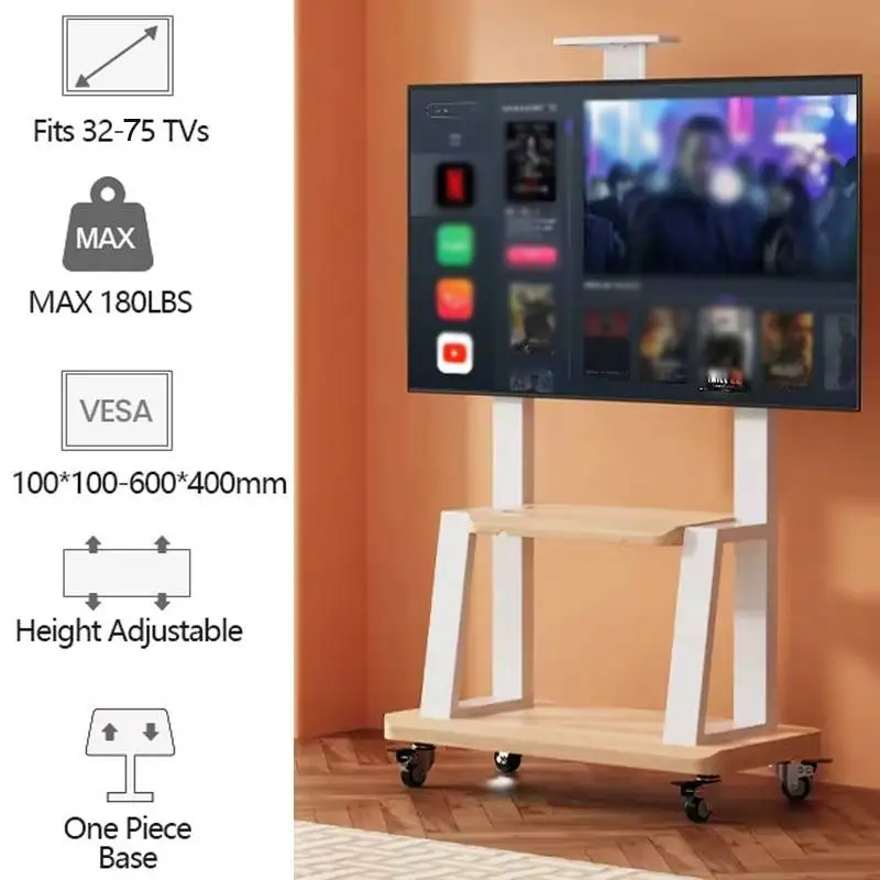 

Mobile TV Cart for 32-75 Inch Screens, Movable Rolling Floor TV Stand with Shelf Locking Wheel, Height Ajustable Heavy-Duty