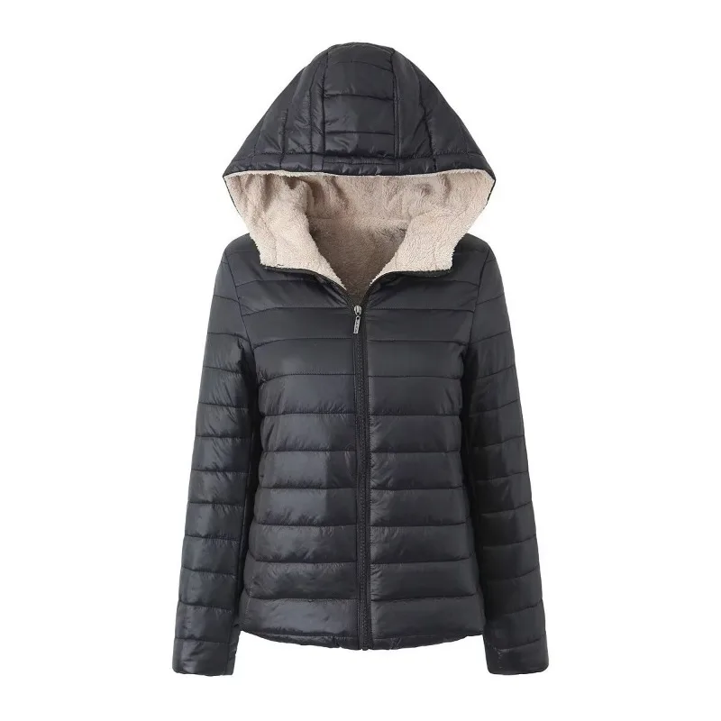 European and American Style New Casual Women's Outerwear Cotton Jacket Women's Short Style with Plush Loose Hooded Cotton Jacket