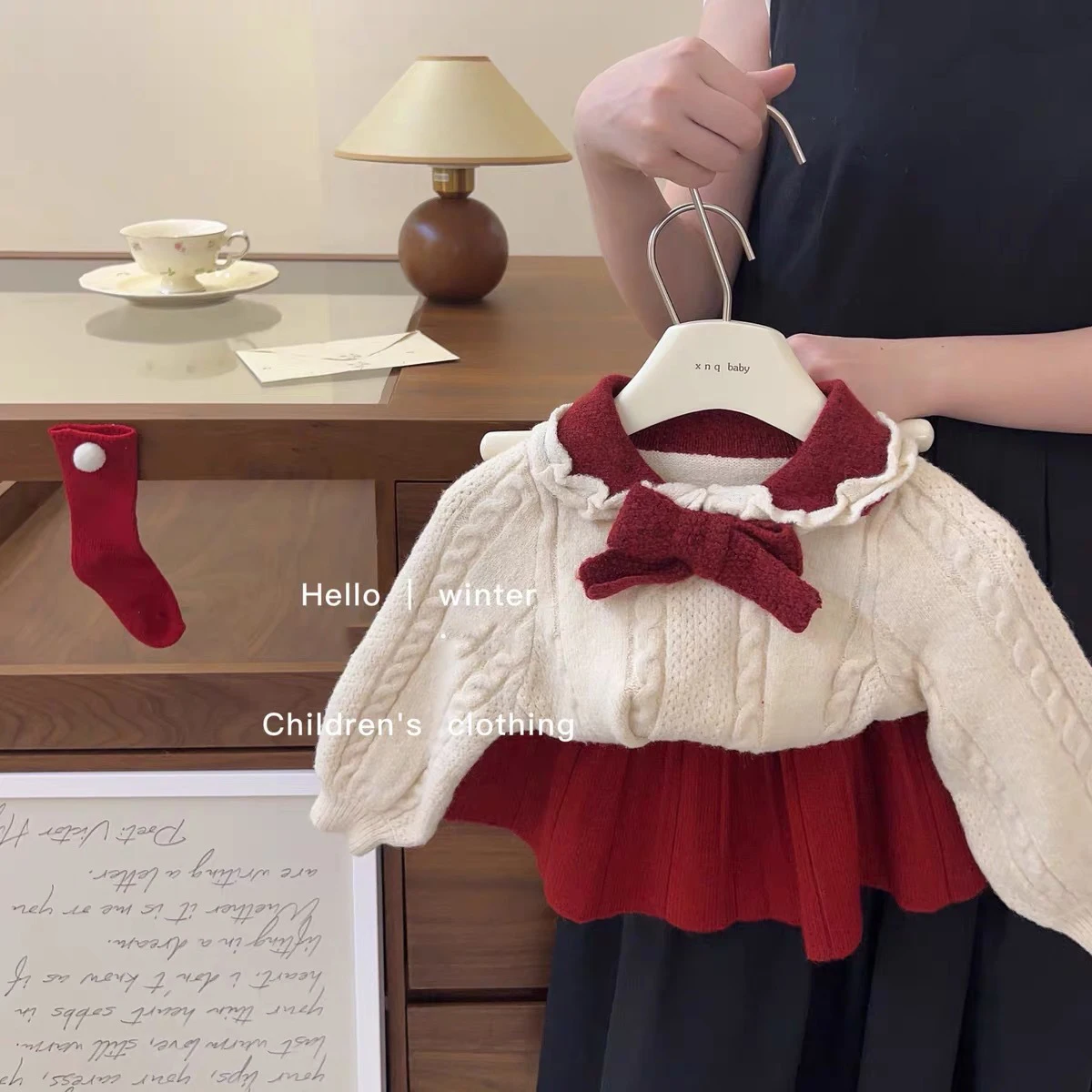 

Kids Girls Cute Clothing Suits Ruched O-Neck Bow Soft Knitted Sweaters+Elastic Waist A-Line Red Skirt 2pcs Chidlren Casual Sets