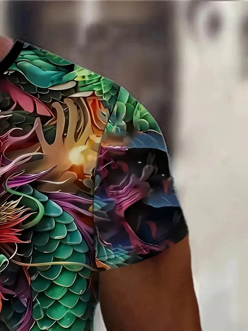 Kaos Pria Ukuran Besar Motif Naga 3D Kasual Longgar dan Modis Lengan Pendek, Lembut, Nyaman, dan Bernapas