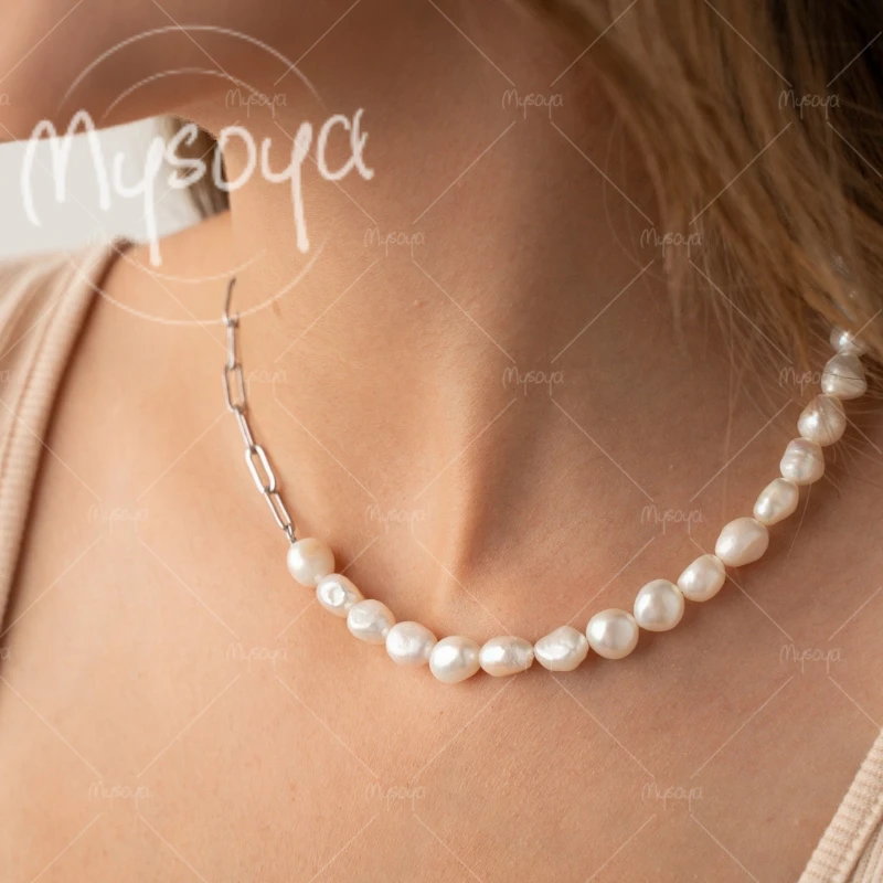 MYSOYA 8-9mm White Baroque Freshwater Pearl Chain Necklace, Perfect for Birthday/Anniversary/Wedding/Mother's Day Gift A0679