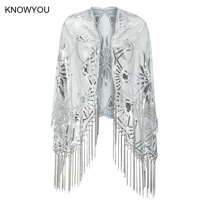 Women's 1920S Shawl Beaded Sequin Deco Evening Wedding Cape Scarf Flapper Cover Up Gatsby Themed and Wedding Party Long Shawl