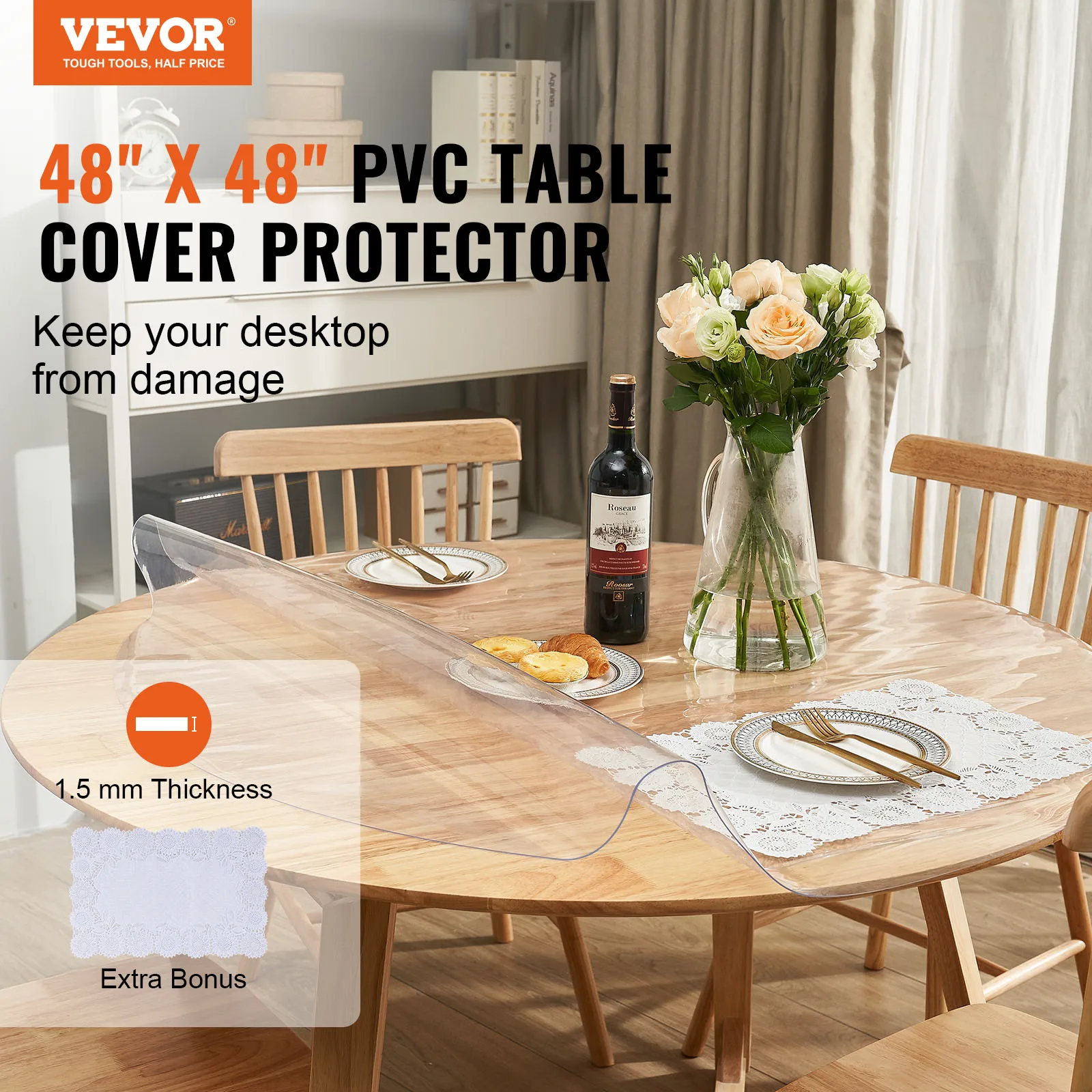 VEVOR Round PVC Tablecloth Anti-hot Table Mat Transparent Soft Glass Waterproof Oilproof Table Cloth Mat Clear Protector 1.5mm