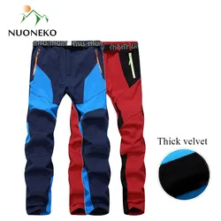 NUONEKO mężczyźni kobiety zimowe spodnie do wędrówek pieszych wodoodporne Softshell spodnie polarowe Sport narciarstwo spodnie sportowe Pantalon Trekking Hombre PM29