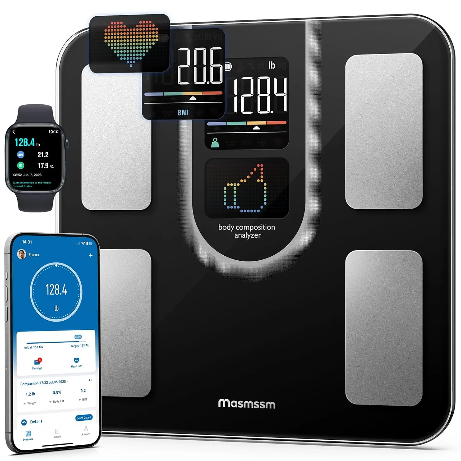Smart Body Scale with 9-in-1 Display, Tracks 22 Health Metrics, Heart Rate & BMI, iOS/Android Compatible