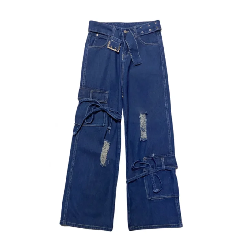 2023 American fashion street dark blue lacing hole wide leg casual pants men\'s and women\'s loose jeans