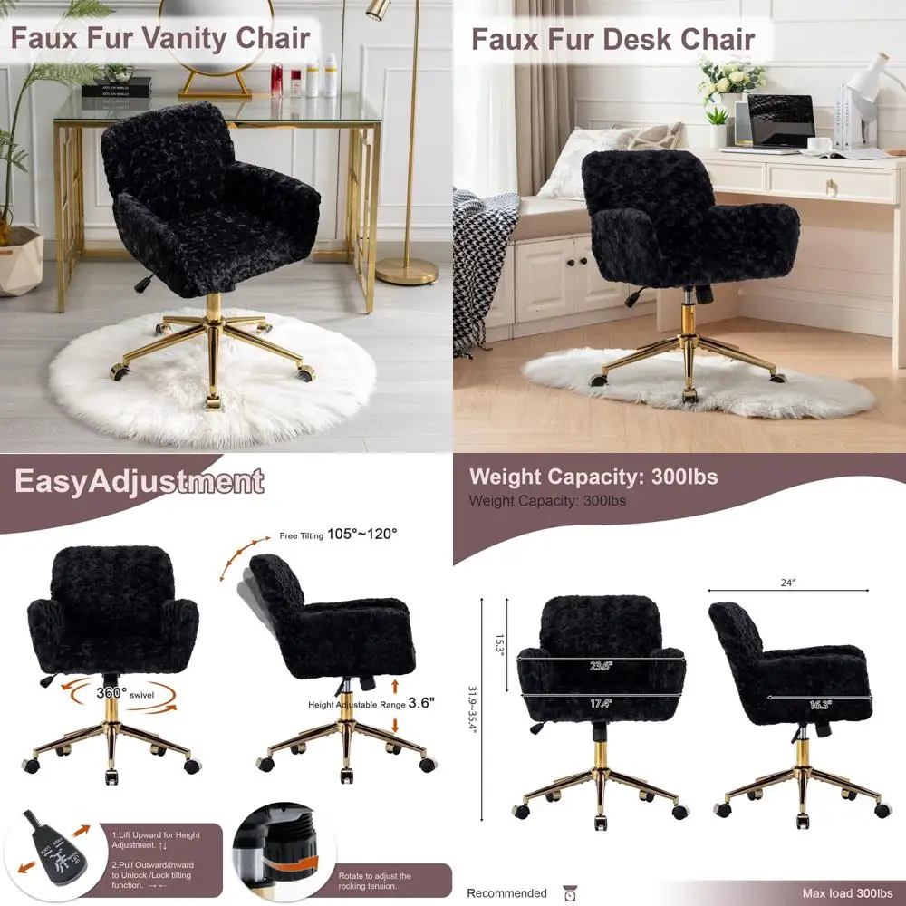 

Роскошное черное кресло-трансформер из искусственного меха альпаки на колесиках для макияжного столика и домашнего офиса