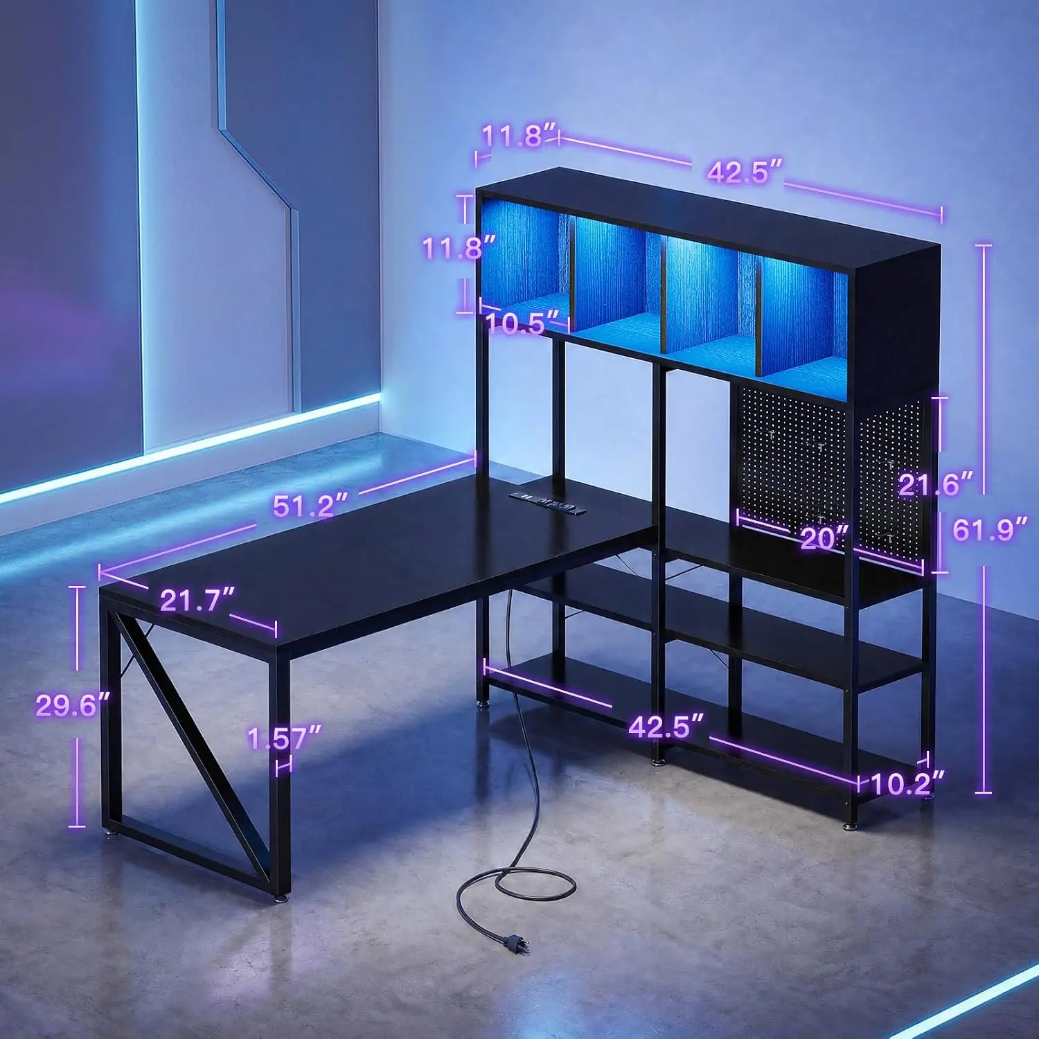 L Shaped Gaming Desk Hutch LED Lights Power Outlets PC Shelf Pegboard Storage Reversible Gaming Home Office 63 Inch, Customized