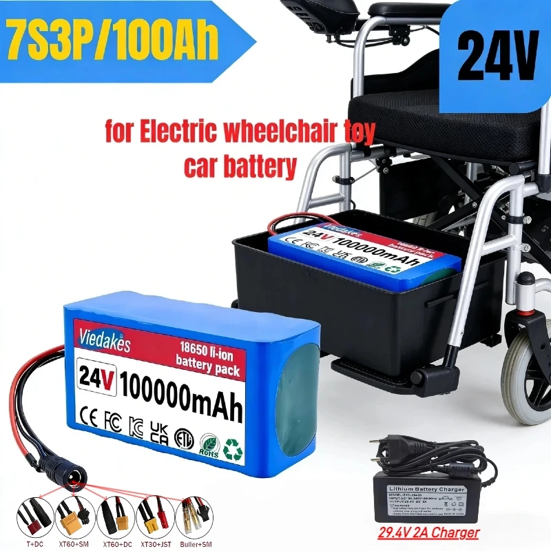 

7S3P 24V 100Ah 18650 Li-ion Rechargeable Battery Pack for Electric Wheelchair Scooter Backup Power Supply with 29.4V 2A Charger