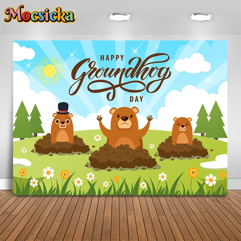 Mocsicka Groundhog Day Happy Party Photography Backdrop Grass Background Customisable Banner Kids Happy Birthday Photo Prop