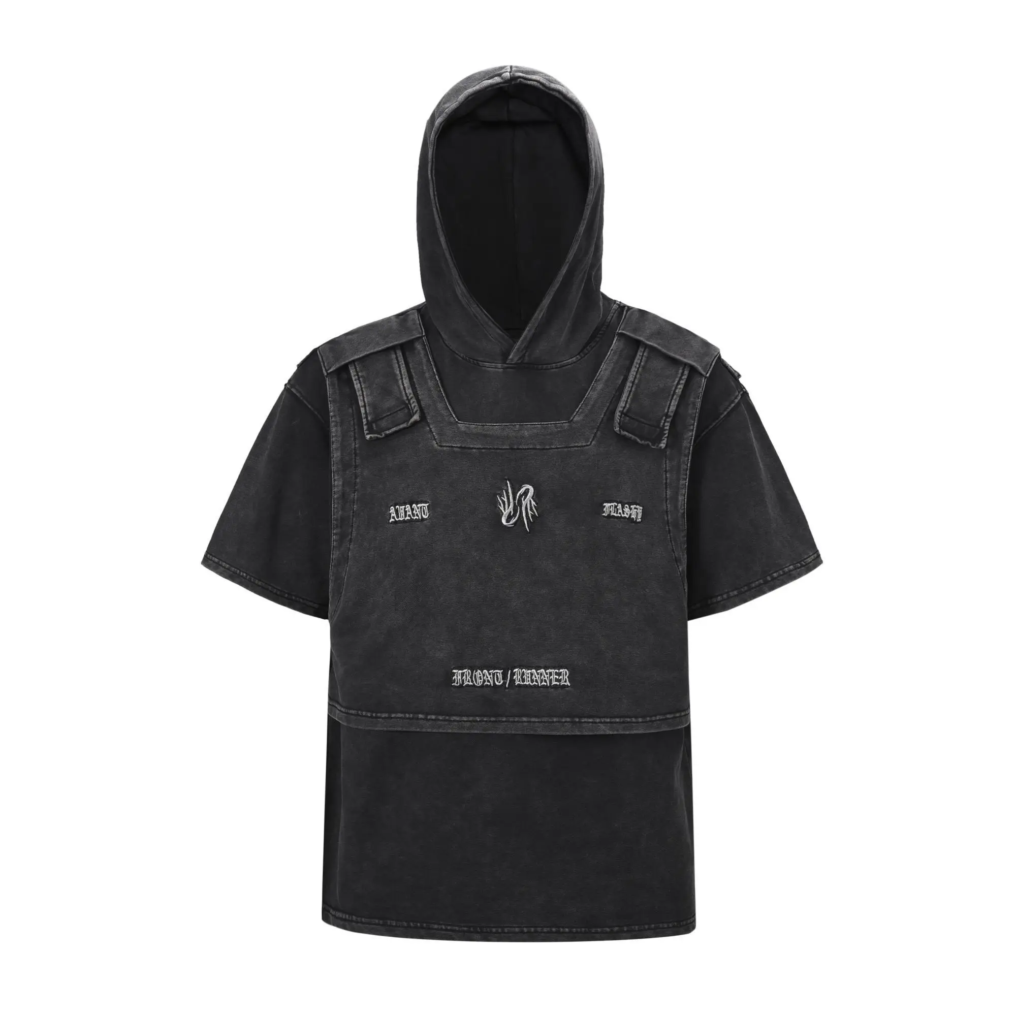 High Street American Washed Graphic T Shirts Fake Two Piece T-shirt Embroidered Retro Short Sleeved Unisex Heavy-duty Hooded Top