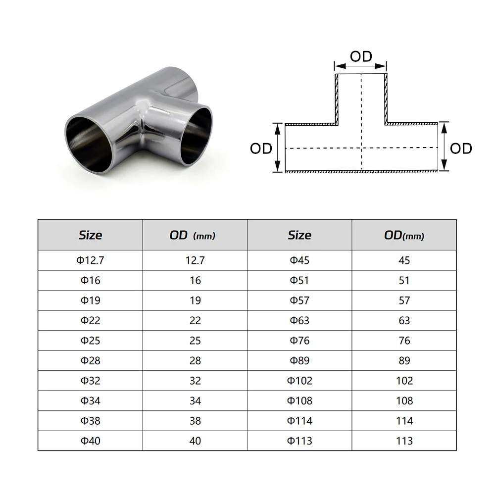 Guangluo 16/19/22/25/28/32/38/45/51mm-133mm Ss304 Sanitary Stainless Pipe Od Butt Weld Tee 3 Way Connector Type T Joint Homebrew