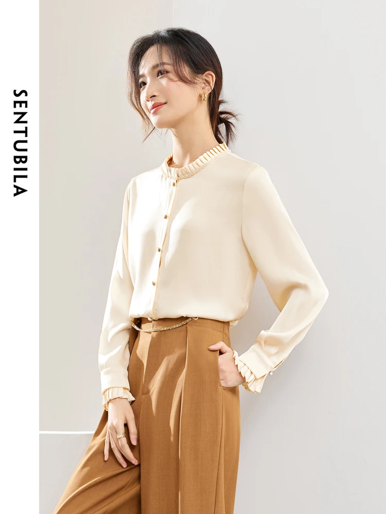 SENTUBILA Elegant Ruffled Shirt Ladies 2024 Spring Loose Button Up Simple Comfort Long Sleeve Tops Womens Clothing 141C53084