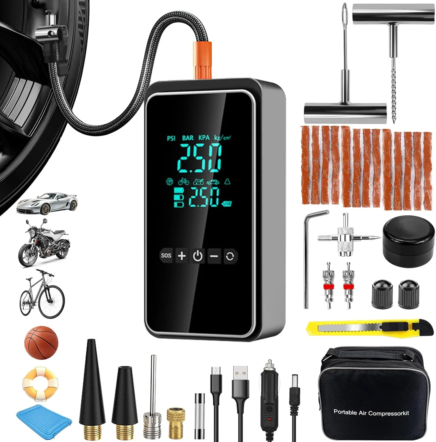 

Портативный насос для накачивания шин 150PSI, беспроводной воздушный насос с ремонтным комплектом, двойной ЖК-дисплей для автомобиля, велосипеда, мотоцикла