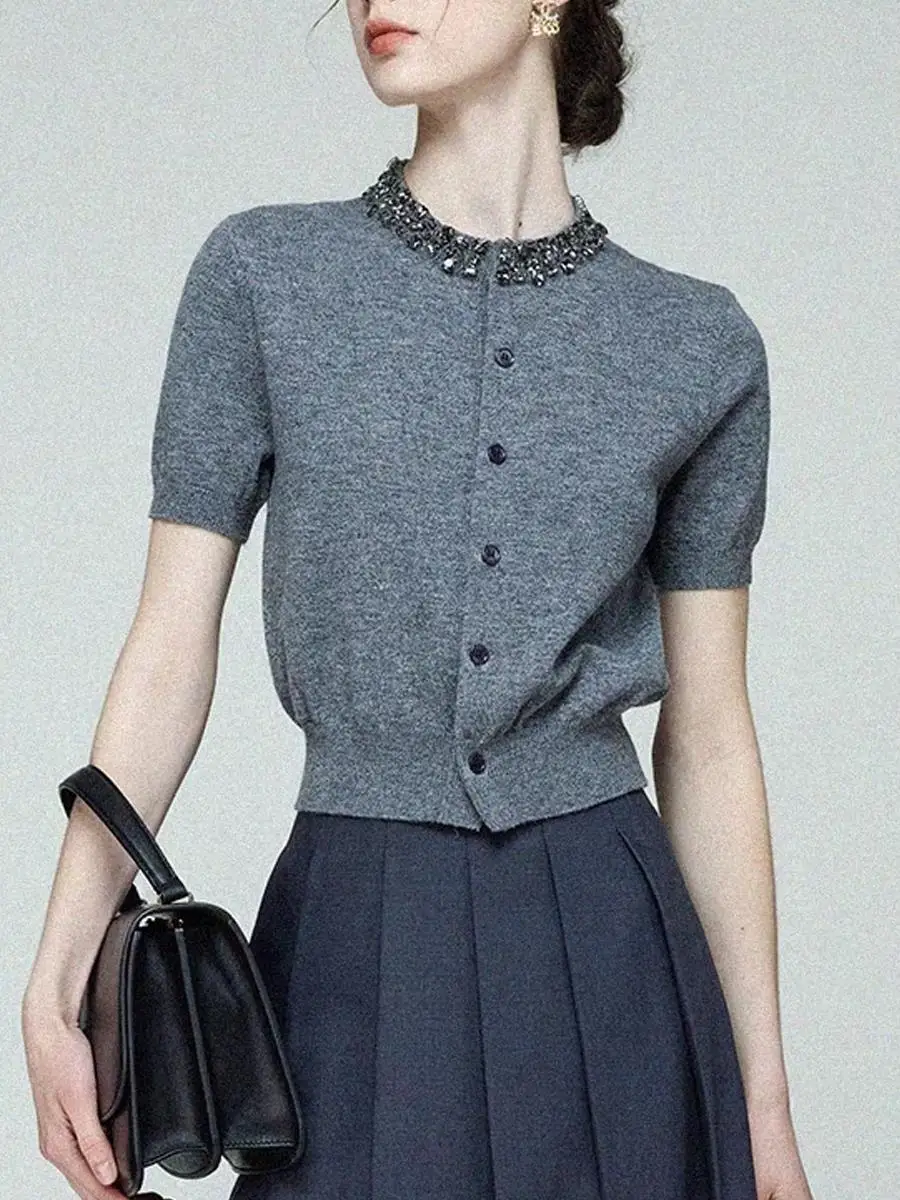 

ay Вязаный женский кардиган ort Sve с бриллиантами и V-образным вырезом на пуговицах, тонкая летняя корейская футболка обычного кроя