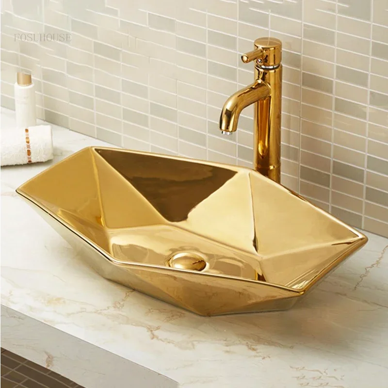 Household Bathroom Sinks Light Luxury Golden Kitchen Sink Modern Bathroom fixtures Simple Hexagonal Toilet Above Counter Basin