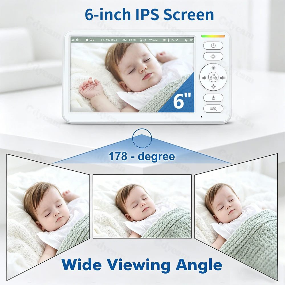 6 Inch No WiFi Wireless Video Baby Monitor IPS Screen With Nanny PTZ Camera Night Two-way Audio VOX Lullaby Temperture Display