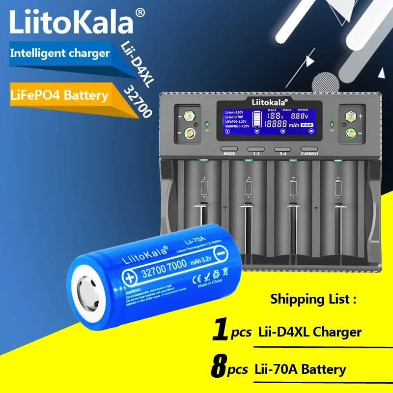 

LiitoKala Lii-D4XL 32700/21700/18650/26650 Smart Battery Charger+ 8PCS Lii-70A 32700 7000mAh LiFePO4 Batteryy