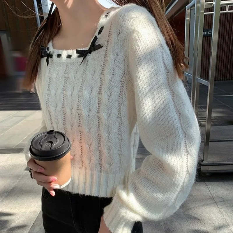 Square Collar Bow Solid Color Knitwear Women Autumn Winter Fashion Office Lady Long Sleeve Sweater Trend All-match Knitting Tops