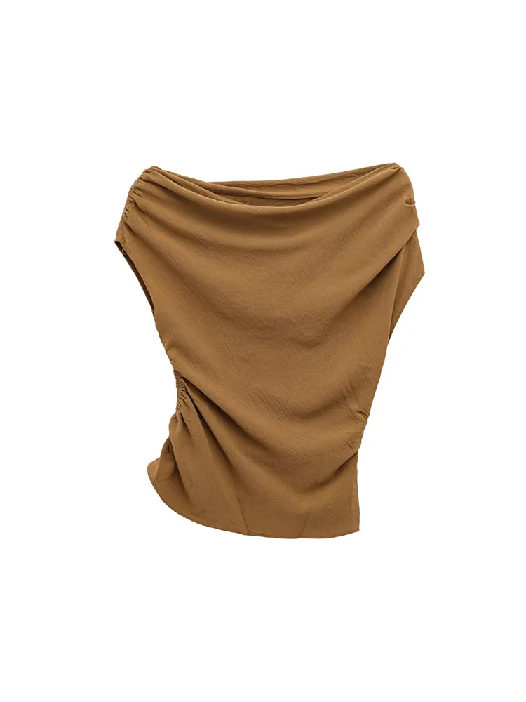 Abnehmen elastische plissierte symmetrische Oulder Sommer neue Damen Top Pendeln Sle regelmäßige Länge Svel Weste Bluse