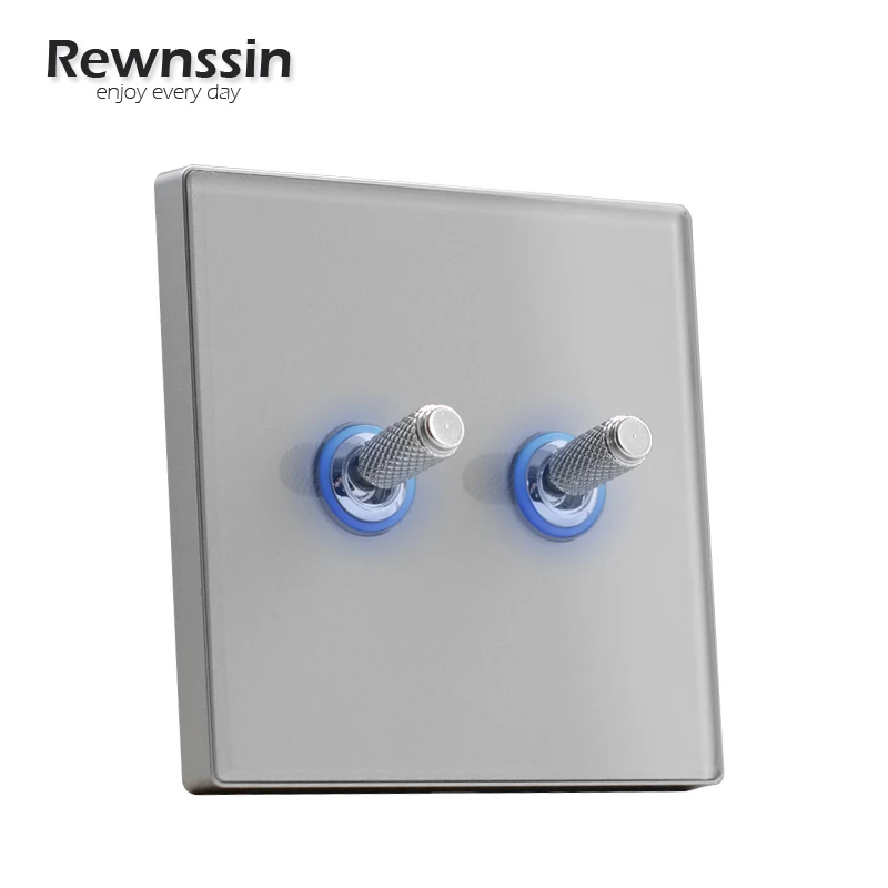 Rewnssin Wall Light Switch Glass Toggle Switch&Socket Universal With 220V Dual RJ45 Gray Power Plug Outlet 1234Gang 1 2 Way