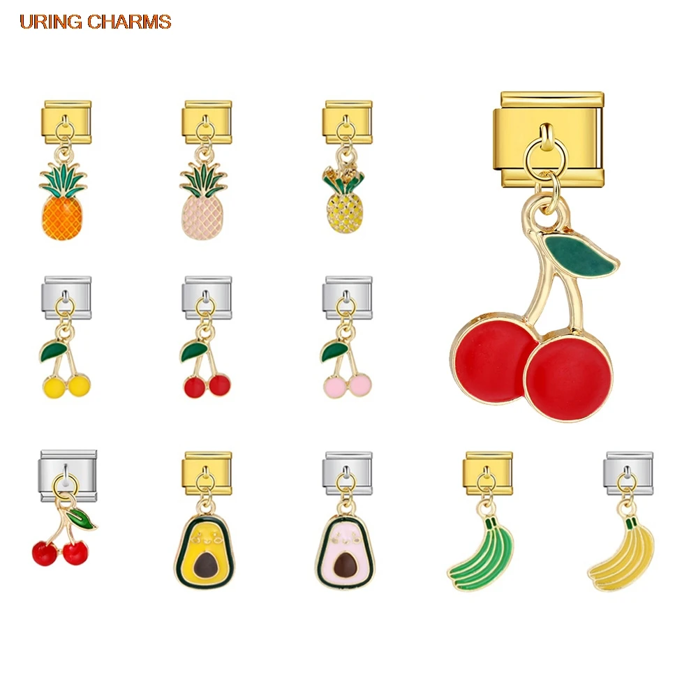 Trendy Y2K Cute Fruits Banana Pineapple Cherry Avocado Italian Charm Links fit 9mm Stainless Steel Jewelry DIY Making Bracelet