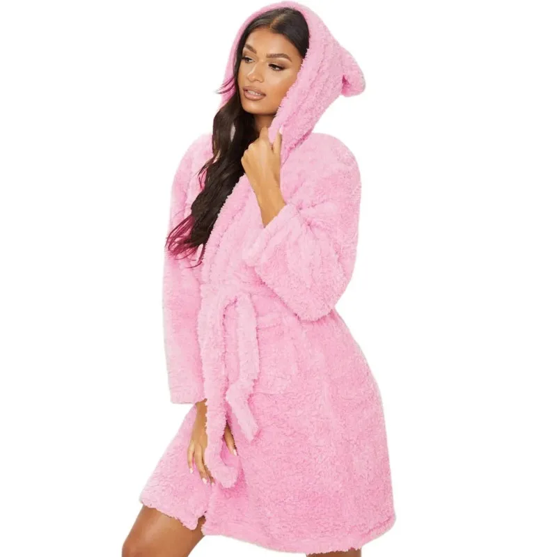 Women Warm Kimono Robe Plush Fleece Bathrobes Soft Long Sleeve Animals Ears Hooded Night-robe Loungewear Pajama Sleepwear