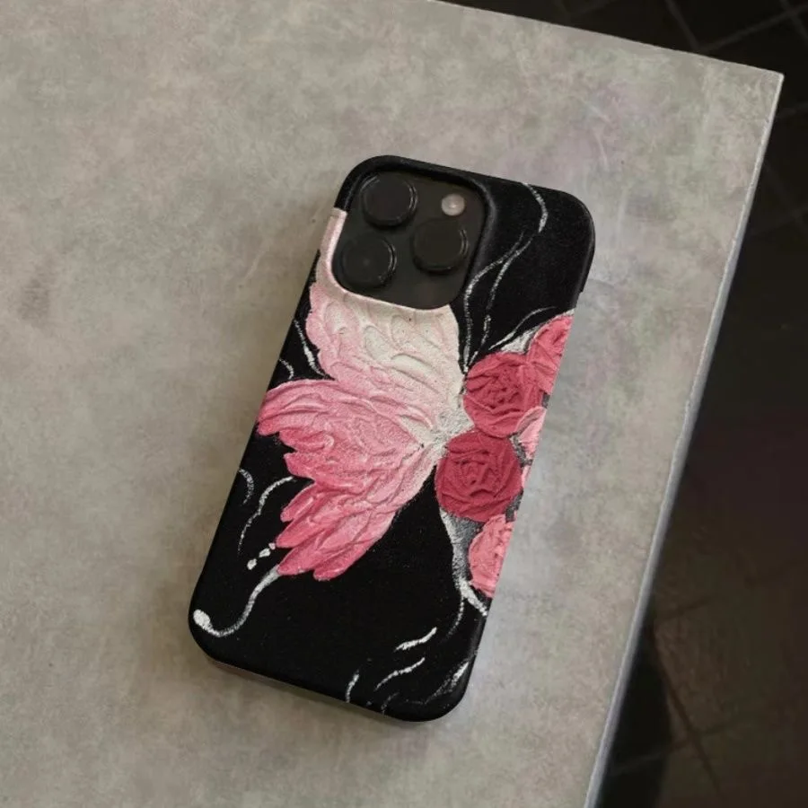 Elegant Artistic Pink Butterfly and Red Flower Patterns Phone Case for iPhone 16 15 14 11 12 13 Pro Max Plus Back Cover