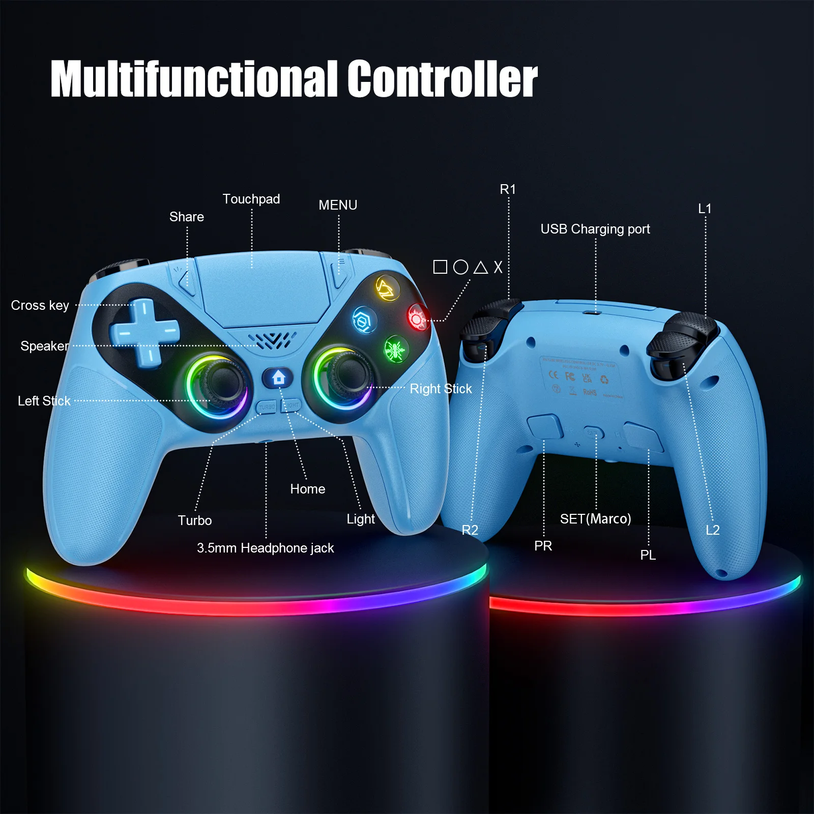 لوحة ألعاب لاسلكية لـ Ps5/Ps5 Pro/Ps5 Slim/Pc مع عصا التحكم في القاعة وحدة تحكم بلوتوث مزدوجة الاهتزاز توربو برمجة تحسس مزدوج